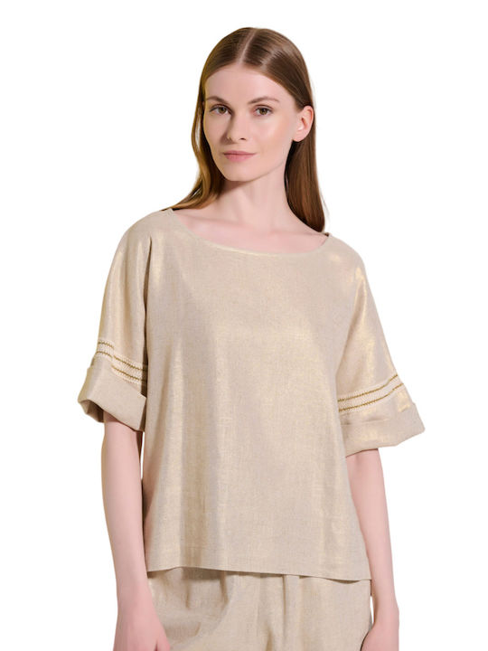 Matis Fashion Damen Sommerliche Bluse Leinen Kurzärmelig Beige