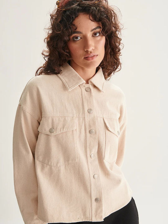 24 Colours Women's Denim Long Sleeve Shirt Beige