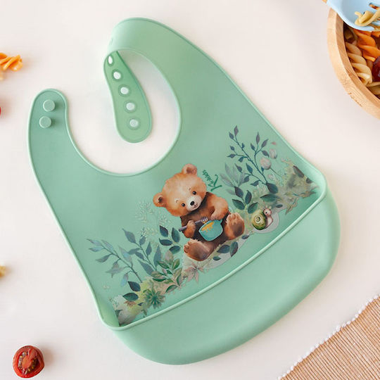 Kiokids Waterproof Bib Silicone with Button & Pocket Mint for 4 m+