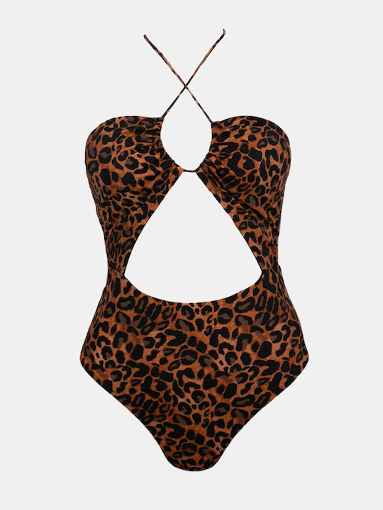 Ολόσωμο Μαγιό με Ανοίγματα Animal Print Μαύρο