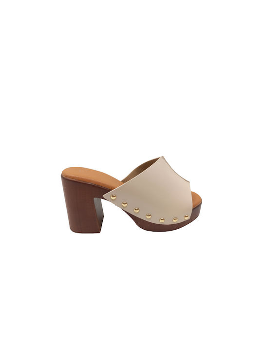 Plato Chunky Heel Leather Mules Beige