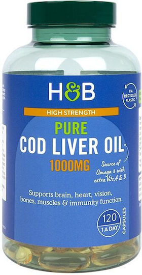 Holland & Barrett High Strength Pure Cod Liver Oil Ulei de ficat de cod 1000mg 120 capace Unflavoured
