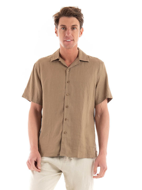 Gianni Lupo Men's Shirt Short Sleeve Linen Camel