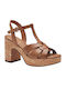 Marco Tozzi Platform Leather Women's Sandals Tabac Brown with High Heel
