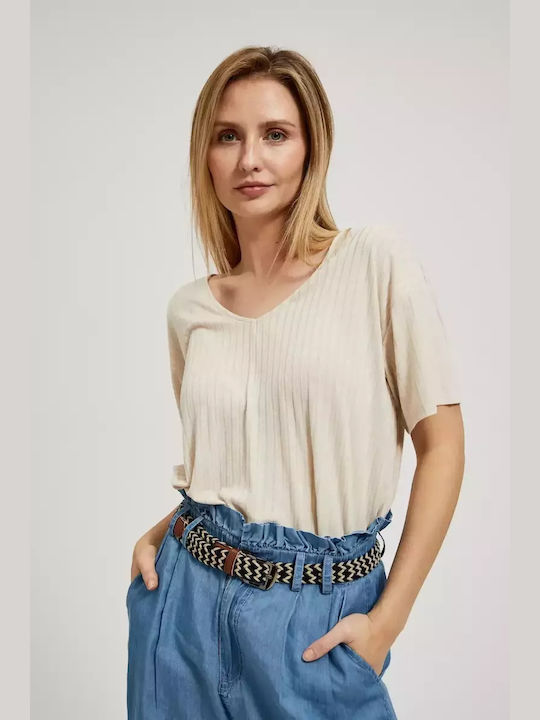 Make your image Damen Bluse Kurzärmelig mit V-Ausschnitt Beige