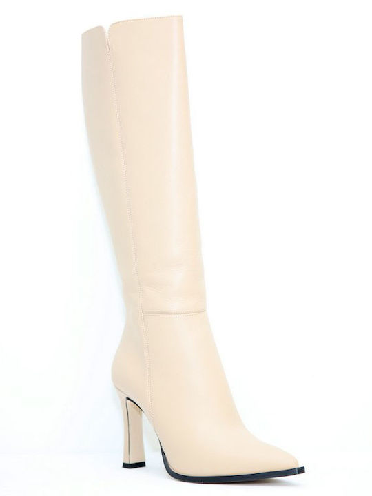Leather High Heel Women's Boots Beige