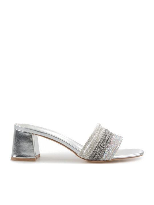 Fshoes Mules με Χοντρό Χαμηλό Τακούνι σε Ασημί ...