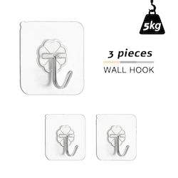 Set of Self-adhesive Hooks Hangers 6x6cm Strength Up to 5kg Transparent 3pcs