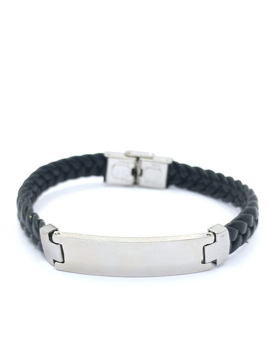 Steel Bracelet Men's Bracelet Silver Design Identity Black Leather Length 21cm Adjustable