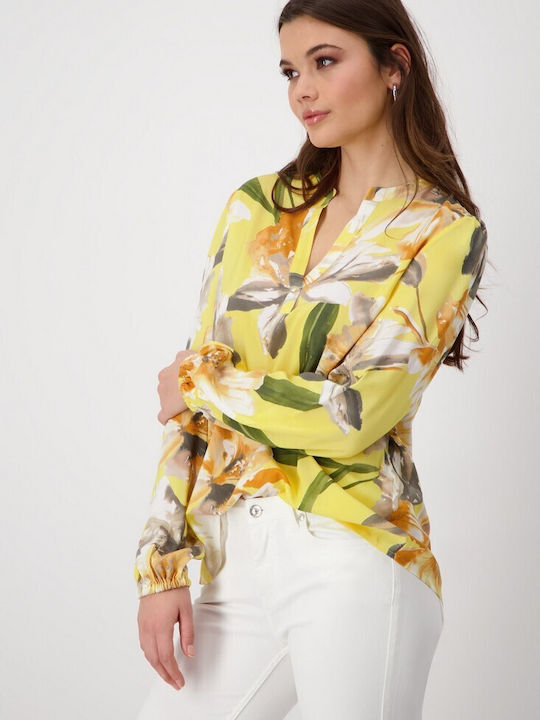 Monari Damen Bluse mit V-Ausschnitt Blumen Mustard