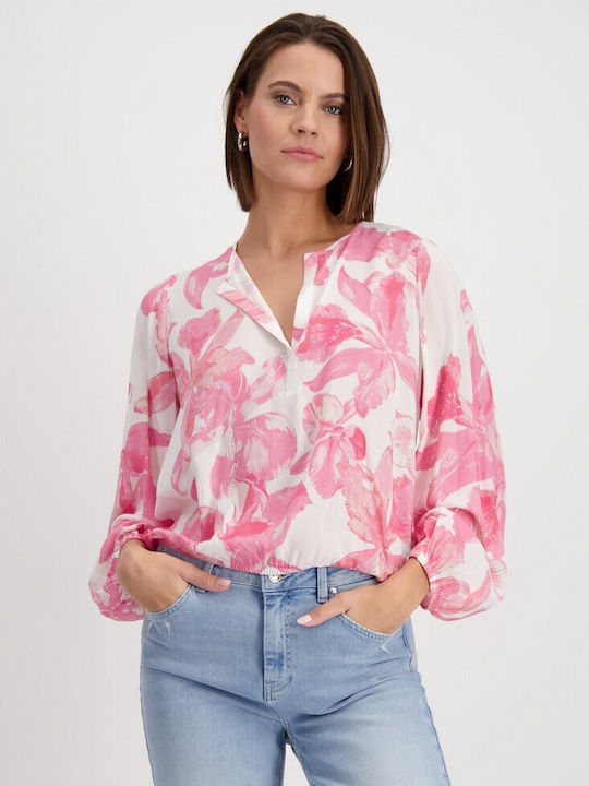 Monari Damen Bluse Langärmelig mit V-Ausschnitt Blumen Pink