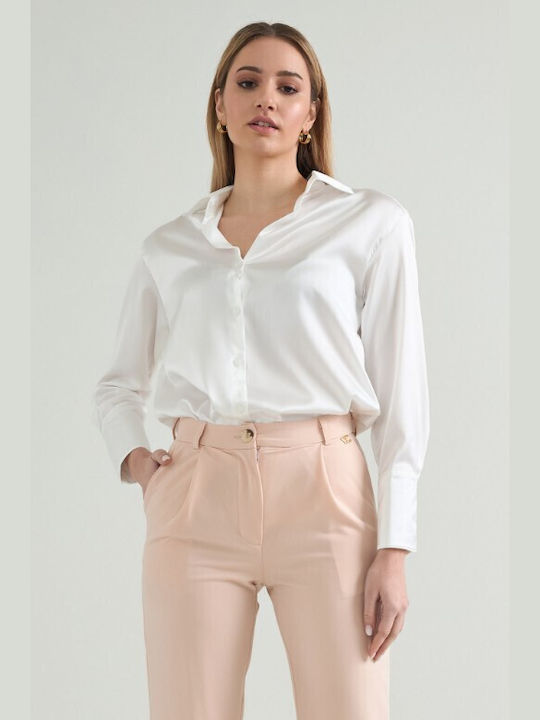 Cento Fashion Langärmelig Damen Satin Hemd White