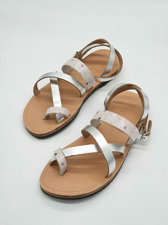 Kypraiosleather Leder Damen Flache Sandalen in Silber Farbe