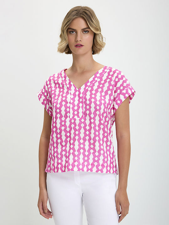 The Fashion People Women's Summer Blouse Linen Short Sleeve with V Neckline Pink