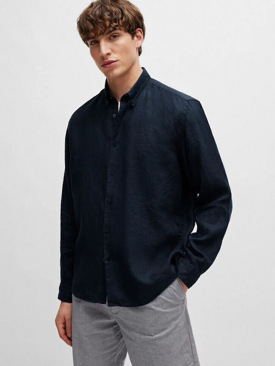 Hugo Boss Men's Shirt Short Sleeve Linen Dark Blue