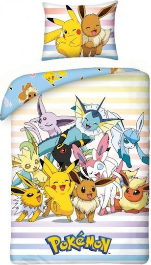Pokemon Pikachu Eevee Friends Комплект Детска Завивка Единична с Калъфка Памучна Многоцветна 140x200см