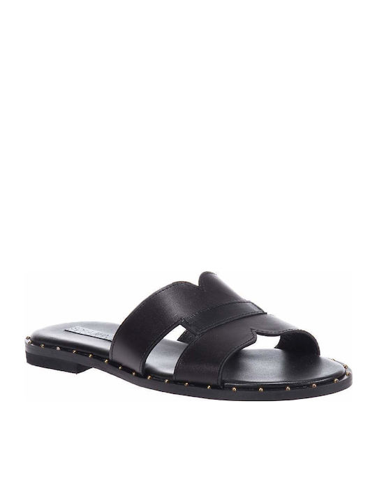 Leather Women's Flat Sandals in Black Color