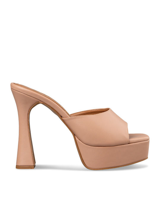 Leather Mules with Chunky High Heel in Beige Color