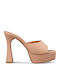 Leather Mules with Chunky High Heel in Beige Color