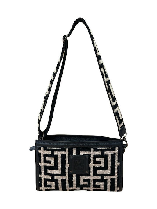 Erofili Δερμάτινη Γυναικεία Τσάντα Χιαστί Beige Black Chenille Labyrinth