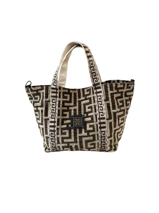 Midneto Efterpe I Γυναικεία Τσάντα Shopper Ώμου Dark Brown Beige Chenille Labyrinth