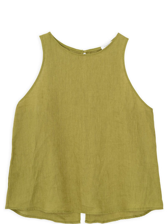 Philosophy Wear Women's Summer Blouse Linen Sleeveless with Tie Neck Green