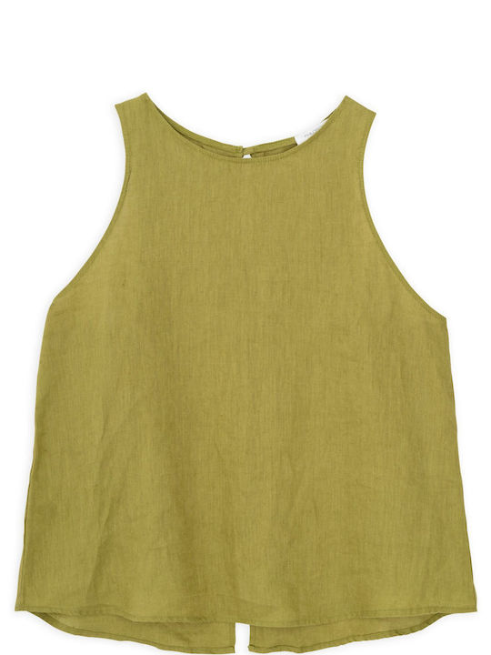 Philosophy Wear Women's Summer Blouse Linen Sleeveless with Tie at Neck Green