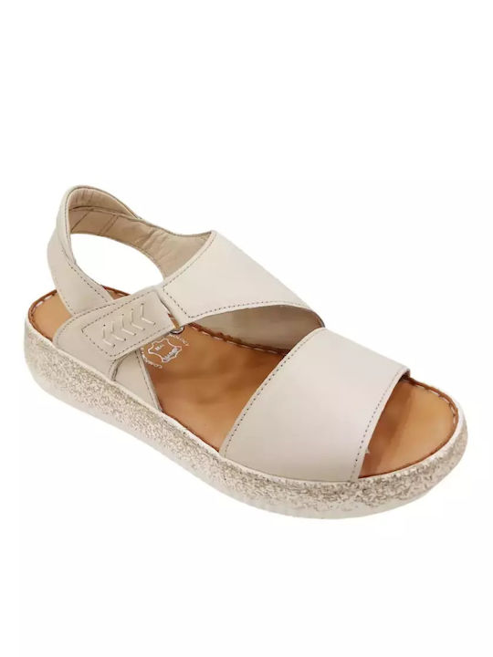 Boxer Leather Women's Flat Sandals in Beige Color