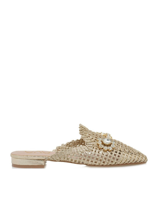 Flach Mules in Gold Farbe