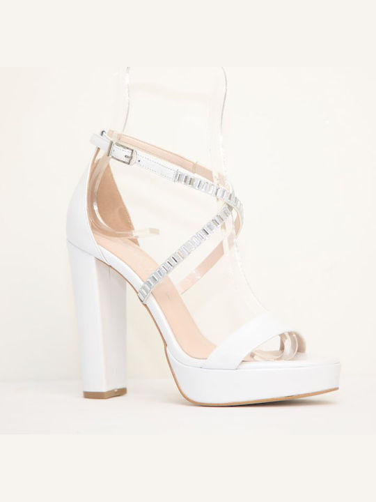 Fardoulis Platform Leather Women's Sandals White with High Heel