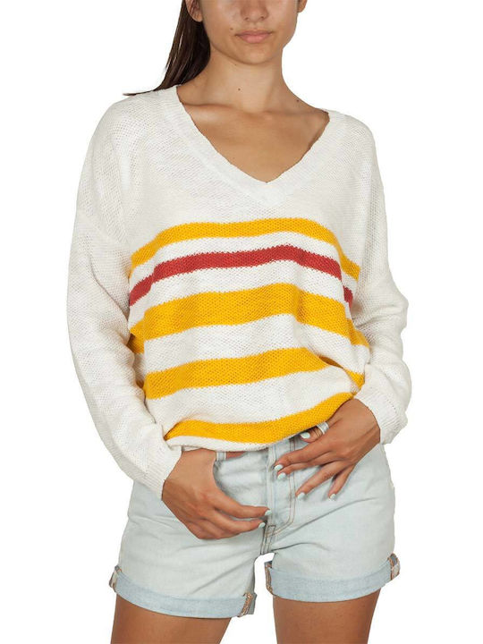 Artlove Women's Long Sleeve Pullover Cotton with V Neck Striped cream