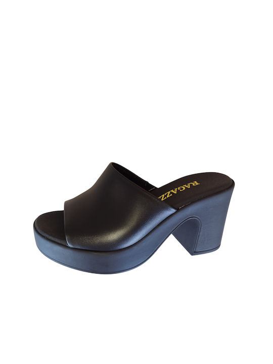 Ragazza Leder Mules mit Absatz in Schwarz Farbe