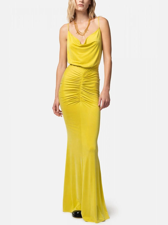 Elisabetta Franchi Maxi Dress Draped with Slit Yellow