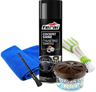 Feral 236481 Feral Car Care Dashboard Polishing Set 5 Piece Car Care Brush Polishing Dashboard Car Care Brush Coconut Perfume 400ml Microfiber Cleaning Towel Microfiber Perfumed Canned Perfume Coco Cleaning Brush Special Air Ducts