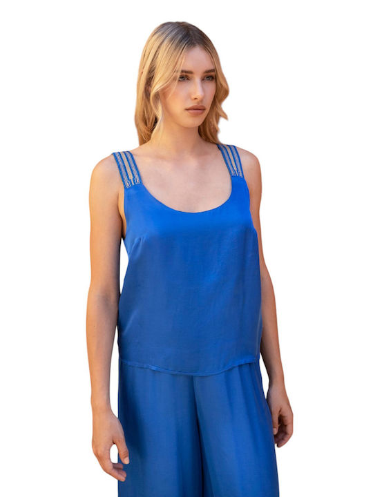 Aggel pentru Femei Bluză din Satin Fără mâneci Blue