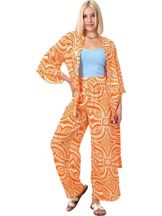 Set Kimono Bedruckte Hose Orange 23818