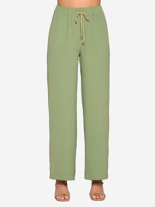Derpouli Women's Fabric Trousers with Elastic in Straight Line Mint