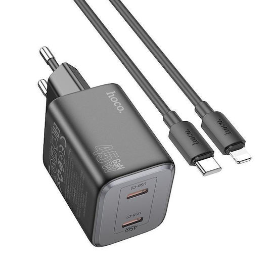 Hoco Charger GaN with 2 USB-C Ports and Cable USB-C - Lightning 45W Power Delivery Blacks (N42)