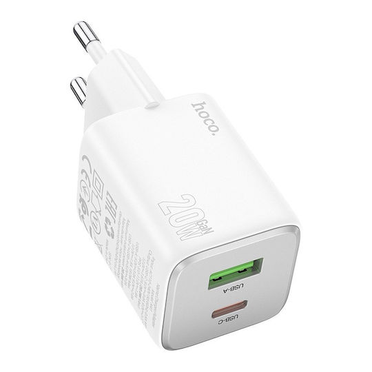 Hoco Зарядно без кабел GaN (Галуниев нитрид) с USB-A порт и USB-C порт 20W Доставка на енергия / Бързо зареждане 3.0 Бял (N41)