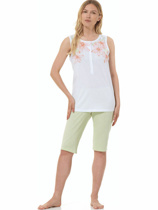 Pijama femei Linclalor fără mâneci cu flori 71464 alb