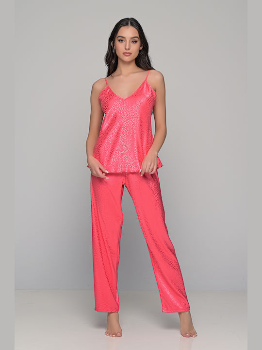 Camisola de pijama pentru femei din satin jacquard, roz pepene de apă, Milenabyparis 49391