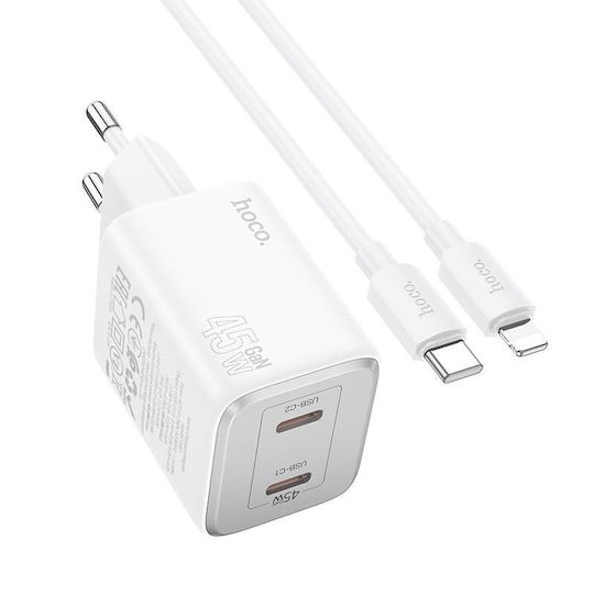 Hoco Ladegerät GaN mit 2 USB-C Anschlüsse und Kabel USB-C - Lightning 45W Stromlieferung Weißs (N42)