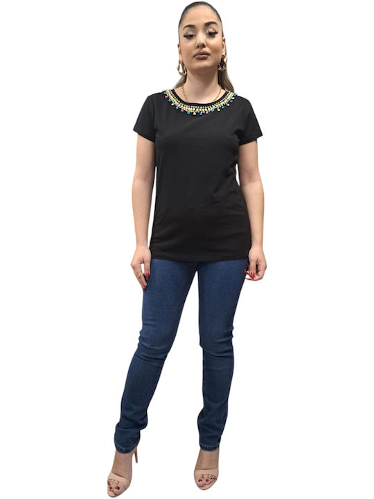 Women's T-shirt with Decorative Stones Black