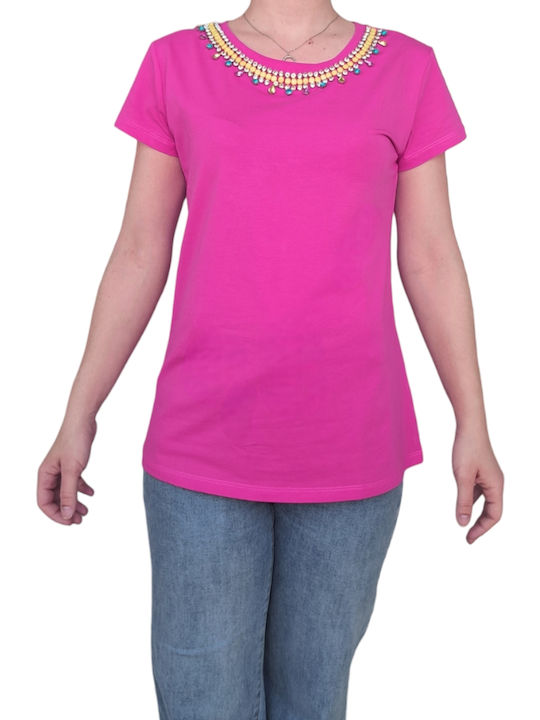 Damen T-Shirt mit dekorativen Steinen Pink