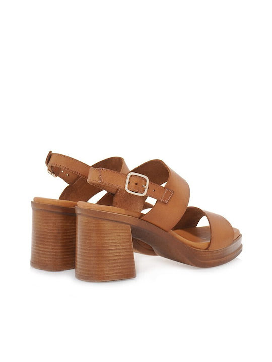 Eva Frutos Tan Leather Anatomical Sandals with Square Heel and Front Strap