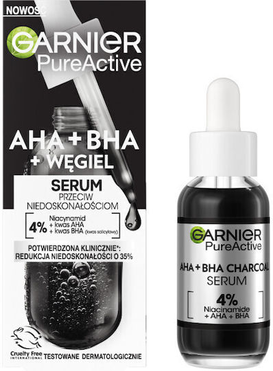 Garnier Pure Active AHA + BHA + Charcoal Soothing Serum Face with Niacinamide & Salicylic Acid for Detoxification & Firming 30ml