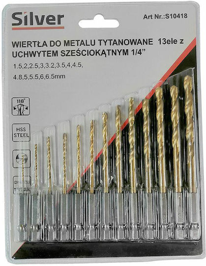 Silver Star Set of 13 Drills Titanium with Hexagonal Shank for Metal