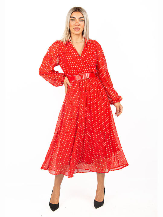 Chiffon Cross Wrap Polka Dot Red Dress