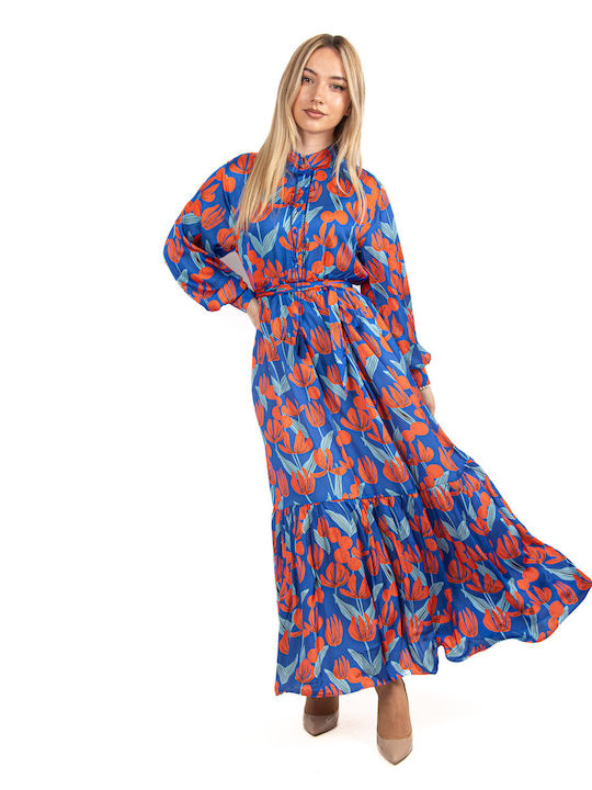 Satin Floral Dress Blue-Orange