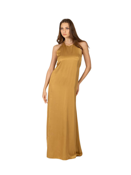 Aggel Summer Maxi Evening Satin Gold Dress